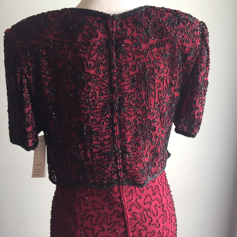 Riva Designs NWT Vintage Silk Evening Gown w Hand-Beading, Short Sleeve, V-Neck - Picture 5 of 8